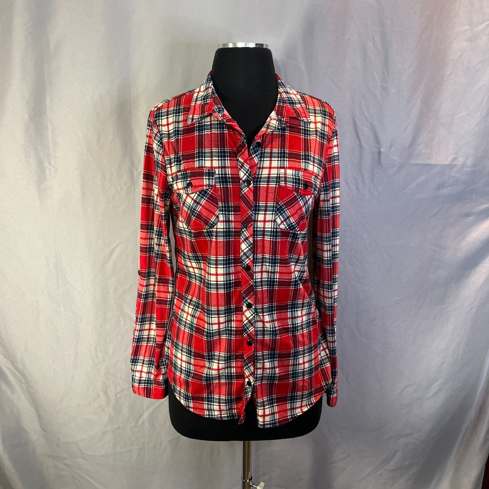 Passport Flannel Shirt Womens Medium Red Blue Plaid Dual Chest Pocket Button Up